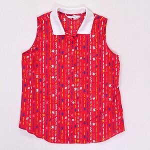 Vintage Favorites Red Novelty Print Sleeveless Button Up Top Made in USA Large